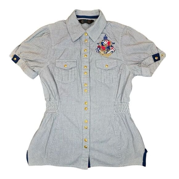 COOGI Sz M Short Sleeve Nautical Stripe Blouse Snap Front Fitted Stretch Logo - Picture 1 of 16
